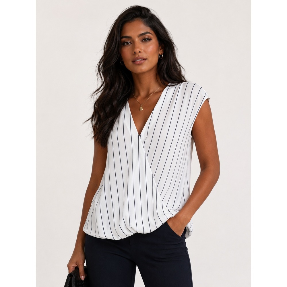 Chelsea28 Womens XS White Navy Blue Pinstripe Surplice V-Neck Sleeveless Blouse